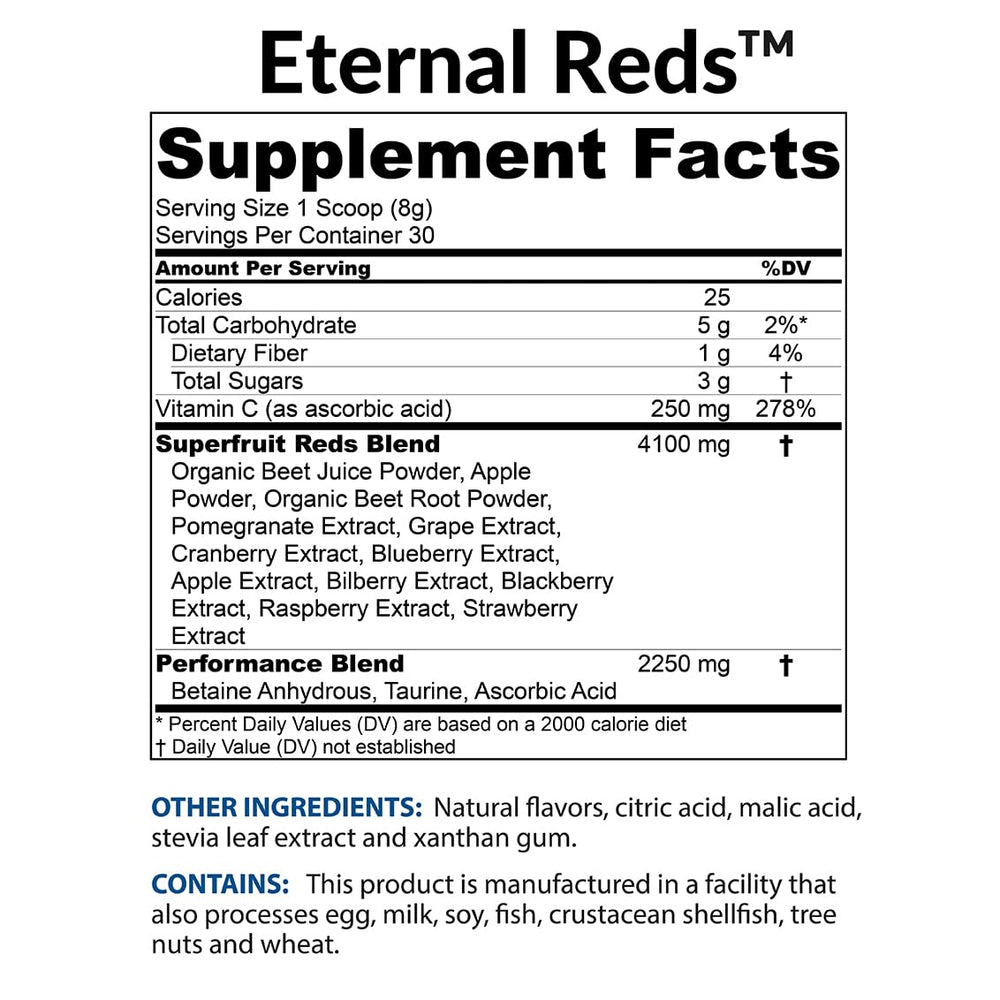 BioTrust Eternal Reds powder being poured into a glass highlighting quick mixability.