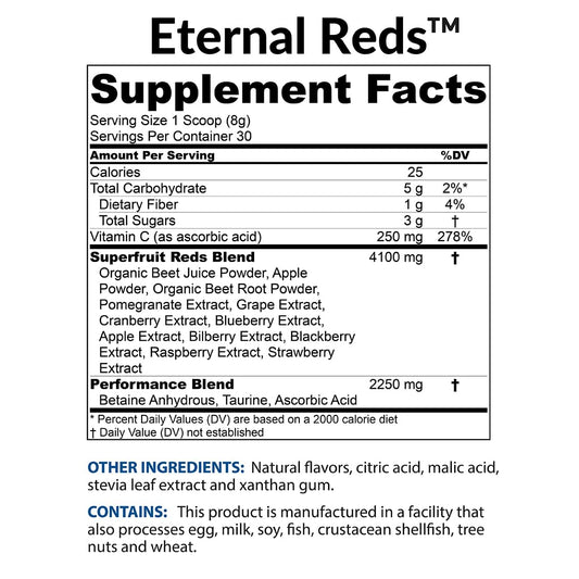 BioTrust Eternal Reds powder being poured into a glass highlighting quick mixability.
