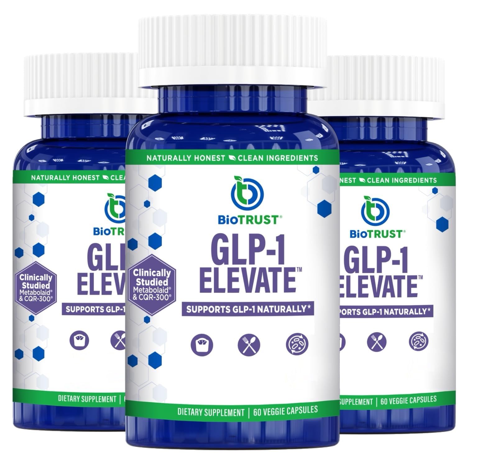 BioTrust GLP-1 Elevate bottle showing 90 servings supports daily appetite control.