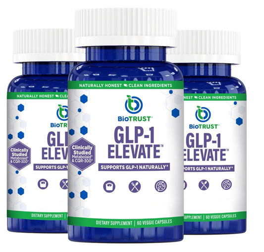BioTrust GLP-1 Elevate bottle showing 90 servings supports daily appetite control.