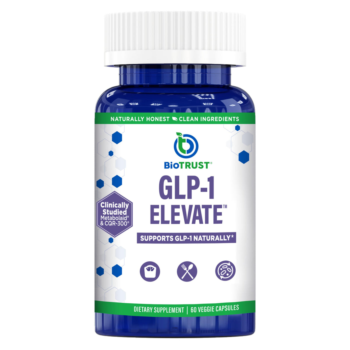 BioTrust GLP-1 Elevate bottle front signals a science-backed cravings support supplement.