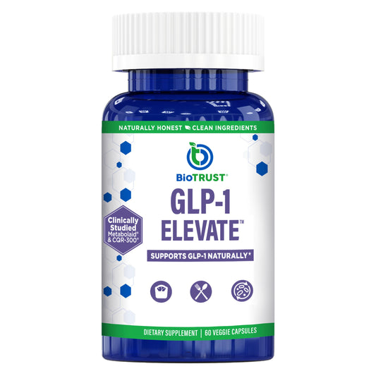 BioTrust GLP-1 Elevate bottle front signals a science-backed cravings support supplement.