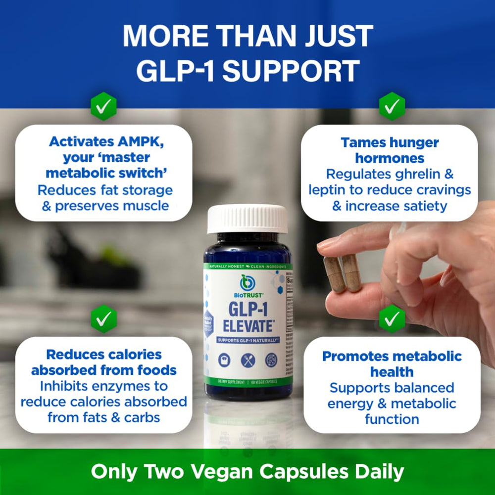 BioTrust GLP-1 Elevate seal indicates GMP quality and USA-made manufacturing.