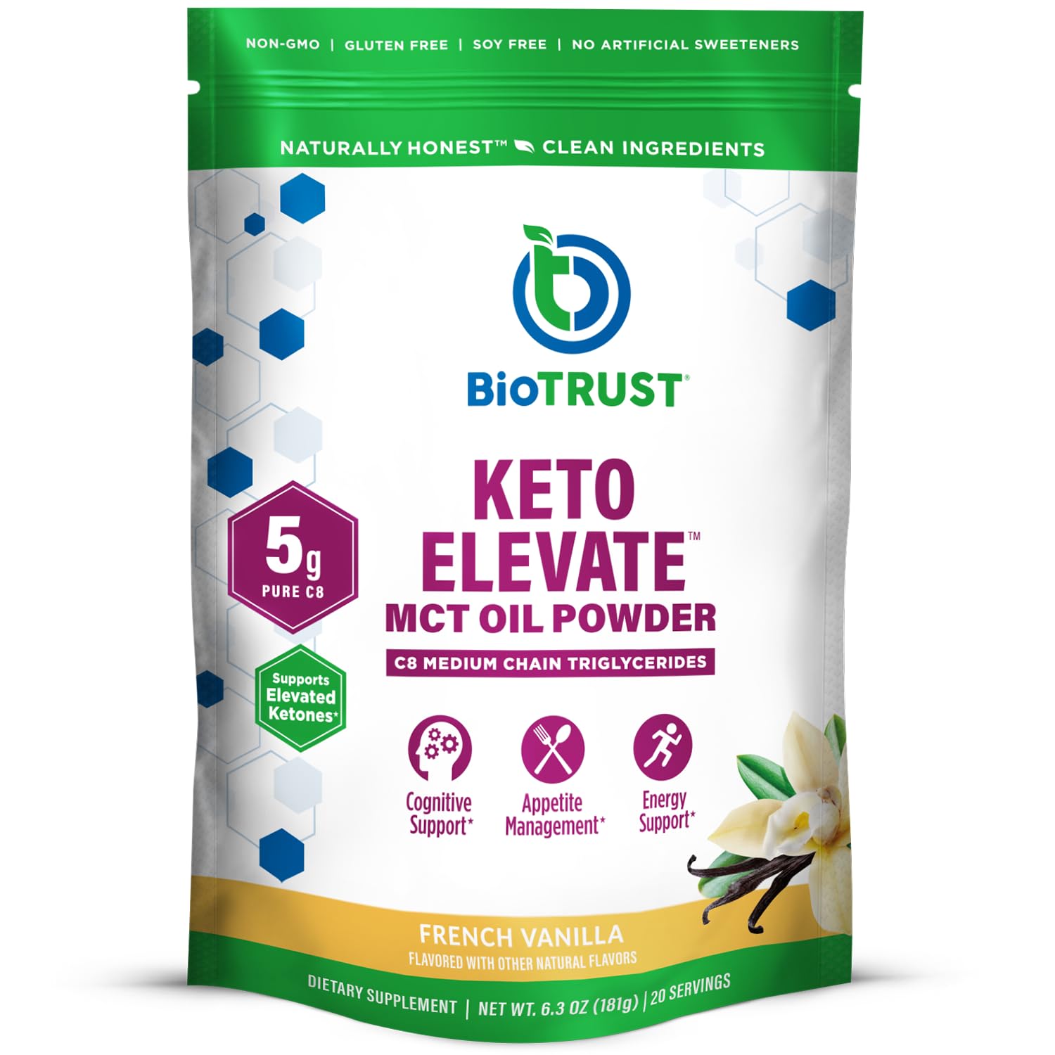 BioTrust Keto Elevate canister with French vanilla powder for keto coffee.