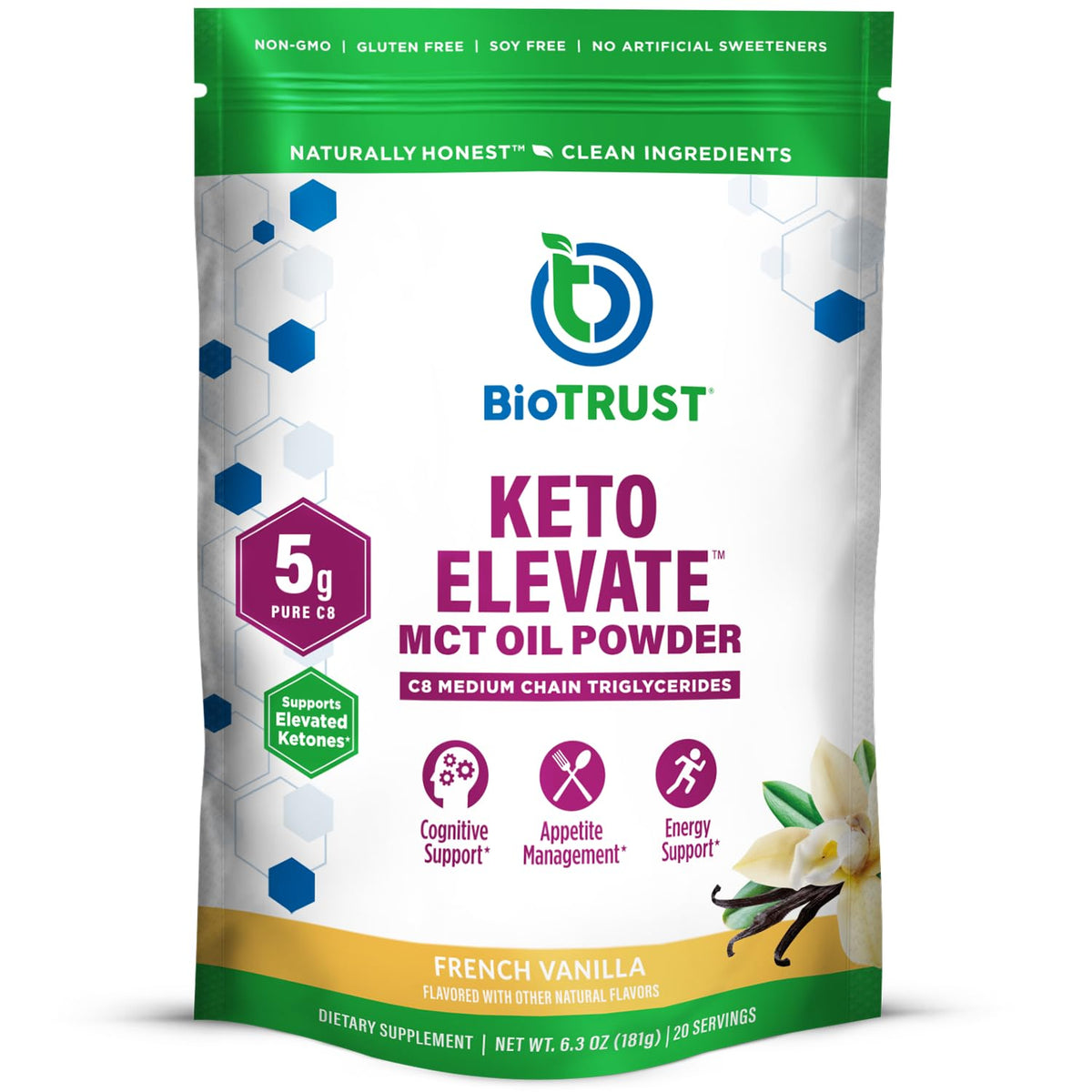 BioTrust Keto Elevate canister with French vanilla powder for keto coffee.