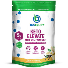 BioTrust Keto Elevate canister with French vanilla powder for keto coffee.