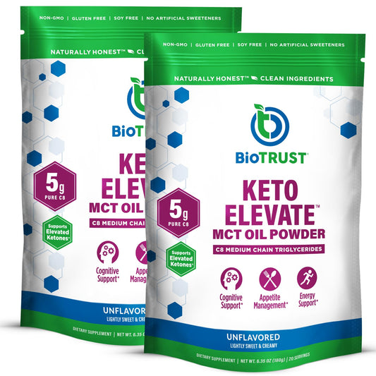 BioTrust Keto Elevate powder being poured for a clean energy boost