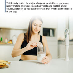 BioTrust Low Carb Plant powder on spoon suggests high-quality plant protein
