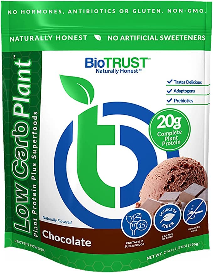 BioTrust Low Carb Plant chocolate tub front with creamy powder and rich cocoa aroma