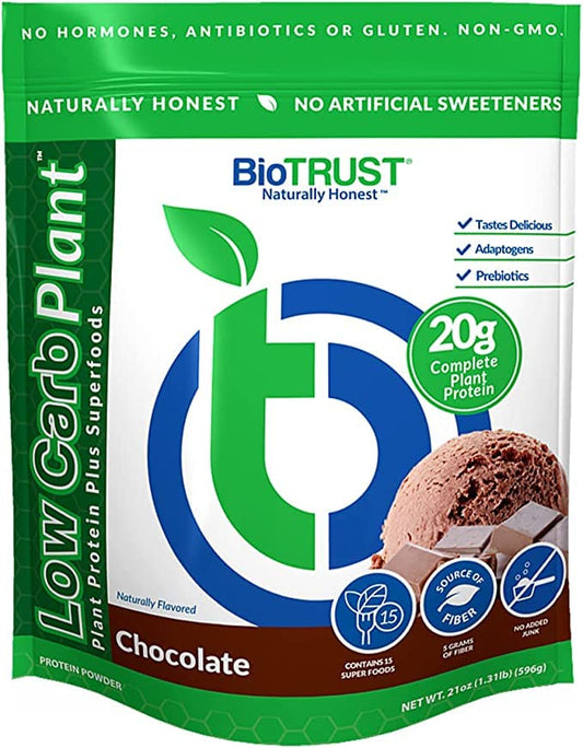 BioTrust Low Carb Plant chocolate tub front with creamy powder and rich cocoa aroma