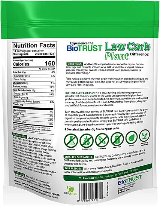 BioTrust Low Carb Plant chocolate tub side shows clean ingredients