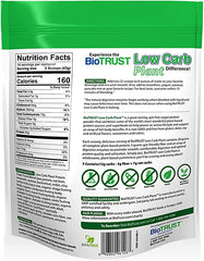 BioTrust Low Carb Plant chocolate tub side shows clean ingredients