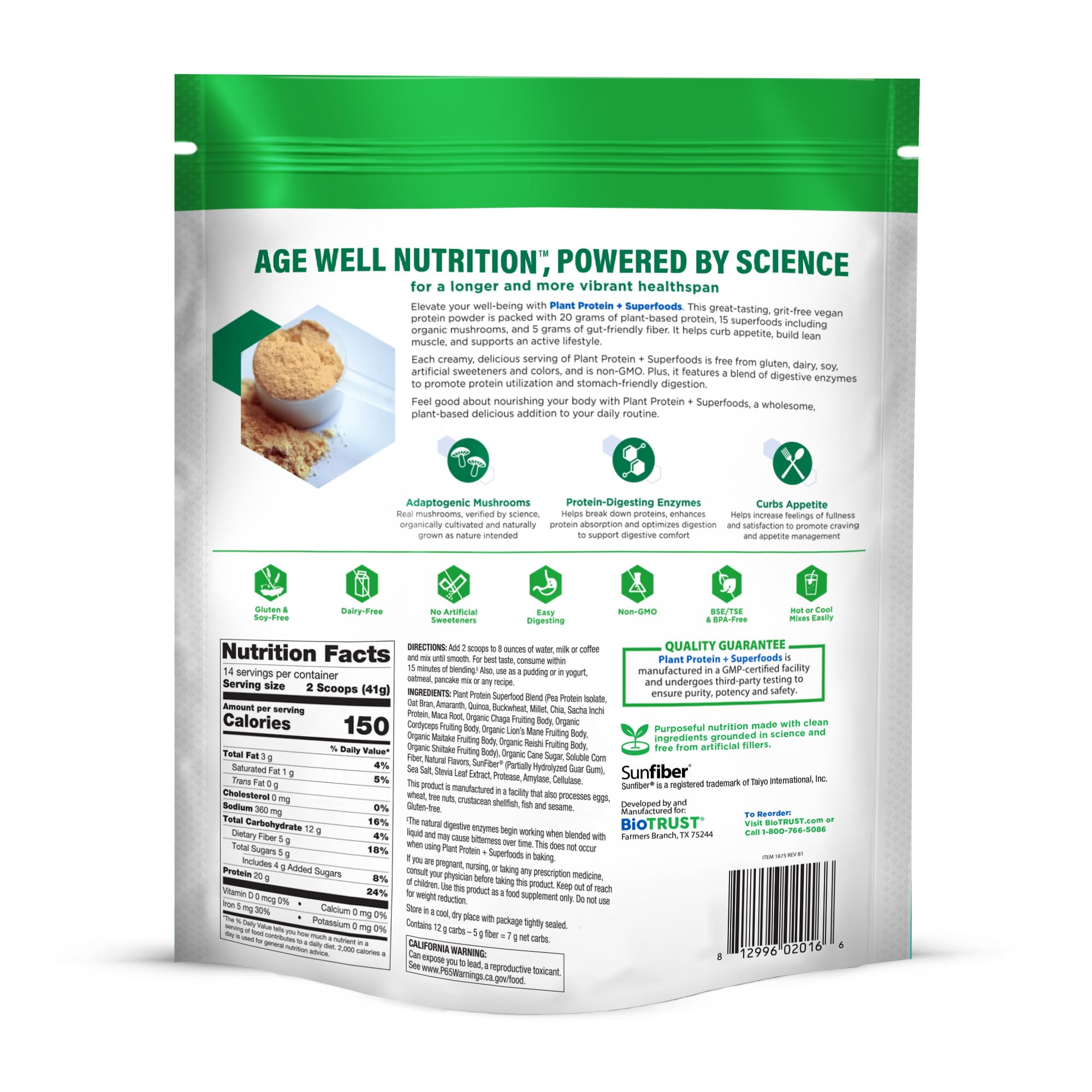GMP-certified facility and vegan symbol indicate safe, dairy-free protein