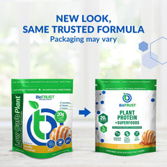 BioTrust Low Carb Plant scoop with vanilla caramel showcases creamy texture and easy mixing