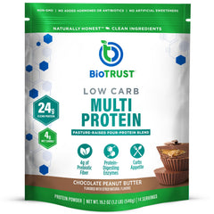 BioTrust Low Carb Protein Powder bottle—chocolate peanut butter flavor for post-workout recovery