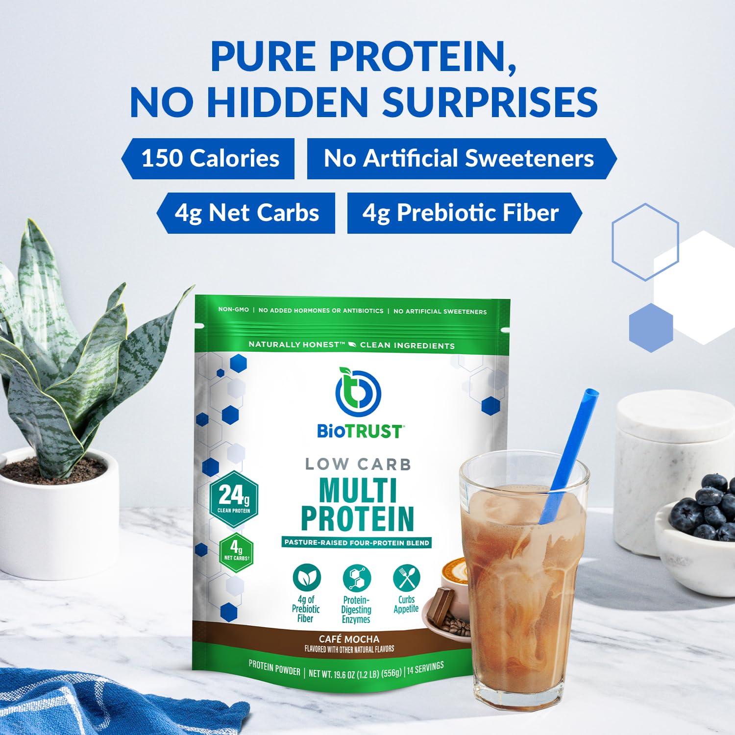 BioTrust Cafe Mocha powder scoop shown for quick, easy mixing