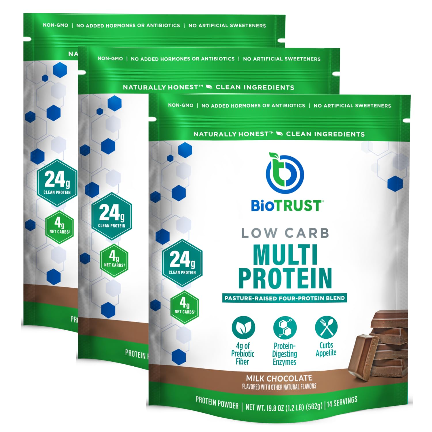 BioTrust Low Carb Protein Powder chocolate tub label highlights quality and complete protein blend for shakes