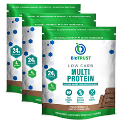 BioTrust Low Carb Protein Powder chocolate tub label highlights quality and complete protein blend for shakes