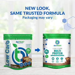 BioTrust Low Carb Protein Powder ingredients close-up highlighting whey and casein blend
