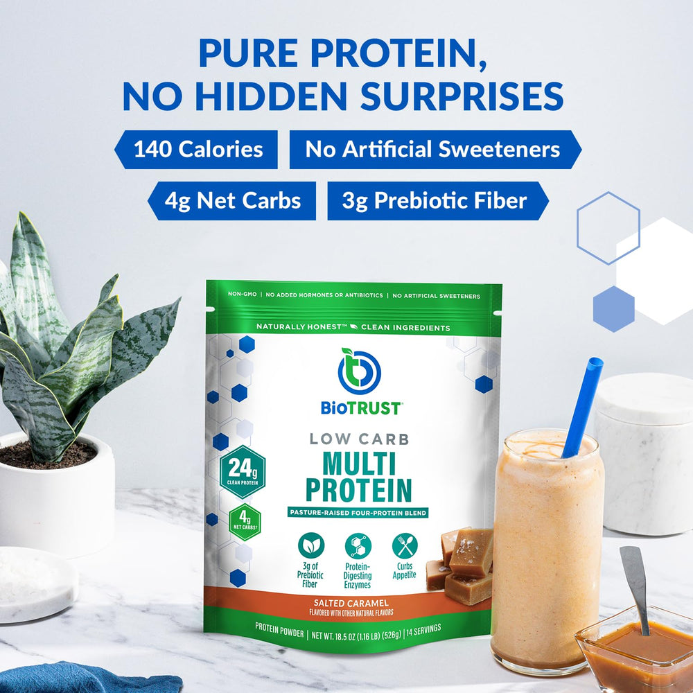 Pour shot of BioTrust powder showcases smooth texture for fast blending