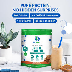 Pour shot of BioTrust powder showcases smooth texture for fast blending