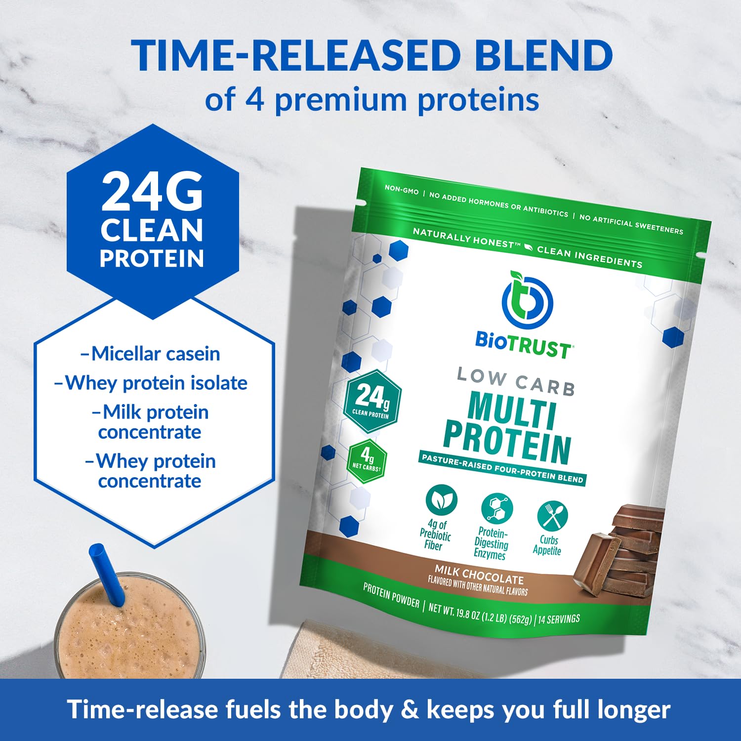 Pouring BioTrust Low Carb into a shaker demonstrates convenient, high-protein shakes after workouts