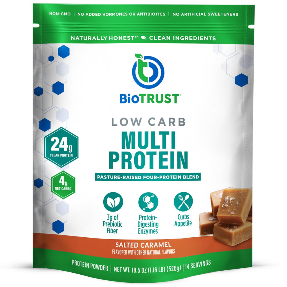 BioTrust Low Carb salted caramel packaging highlights convenient daily protein