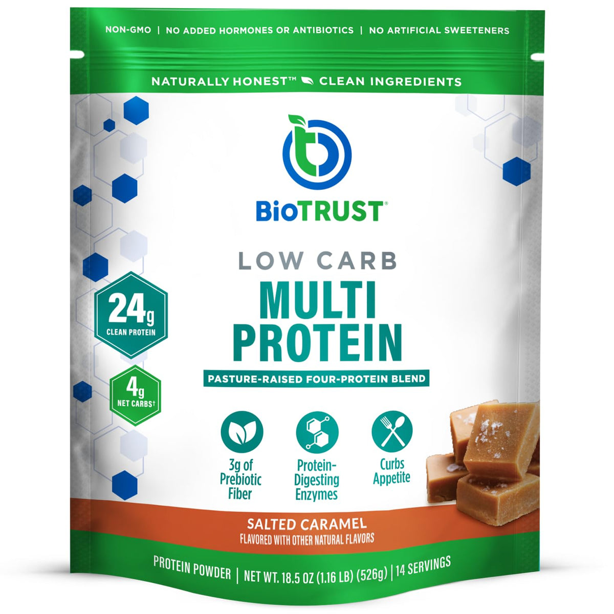 BioTrust Low Carb salted caramel packaging highlights convenient daily protein