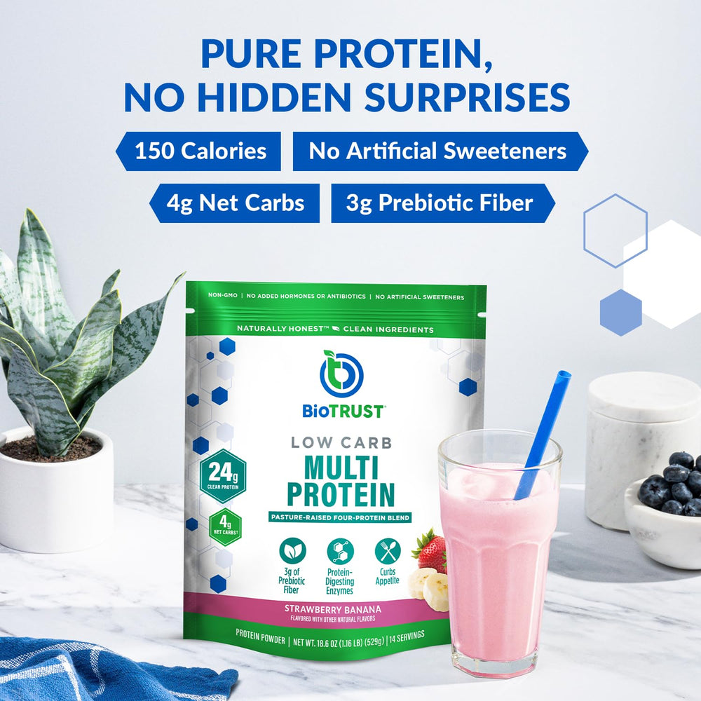 BioTrust Low Carb Protein Powder shake glass showing strawberry banana flavor, quick nutrition on the go.