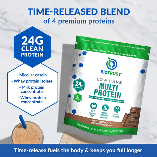 BioTrust scoop with powder ready to mix into smoothies or shakes