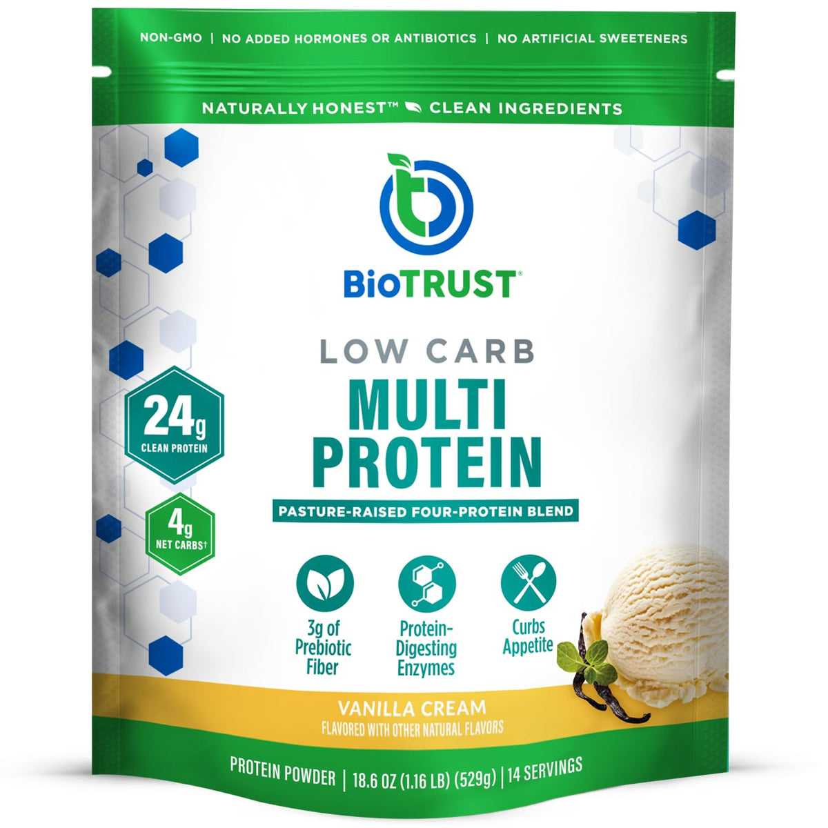 BioTrust low-carb vanilla powder in a glass jar for vanilla-forward shakes.