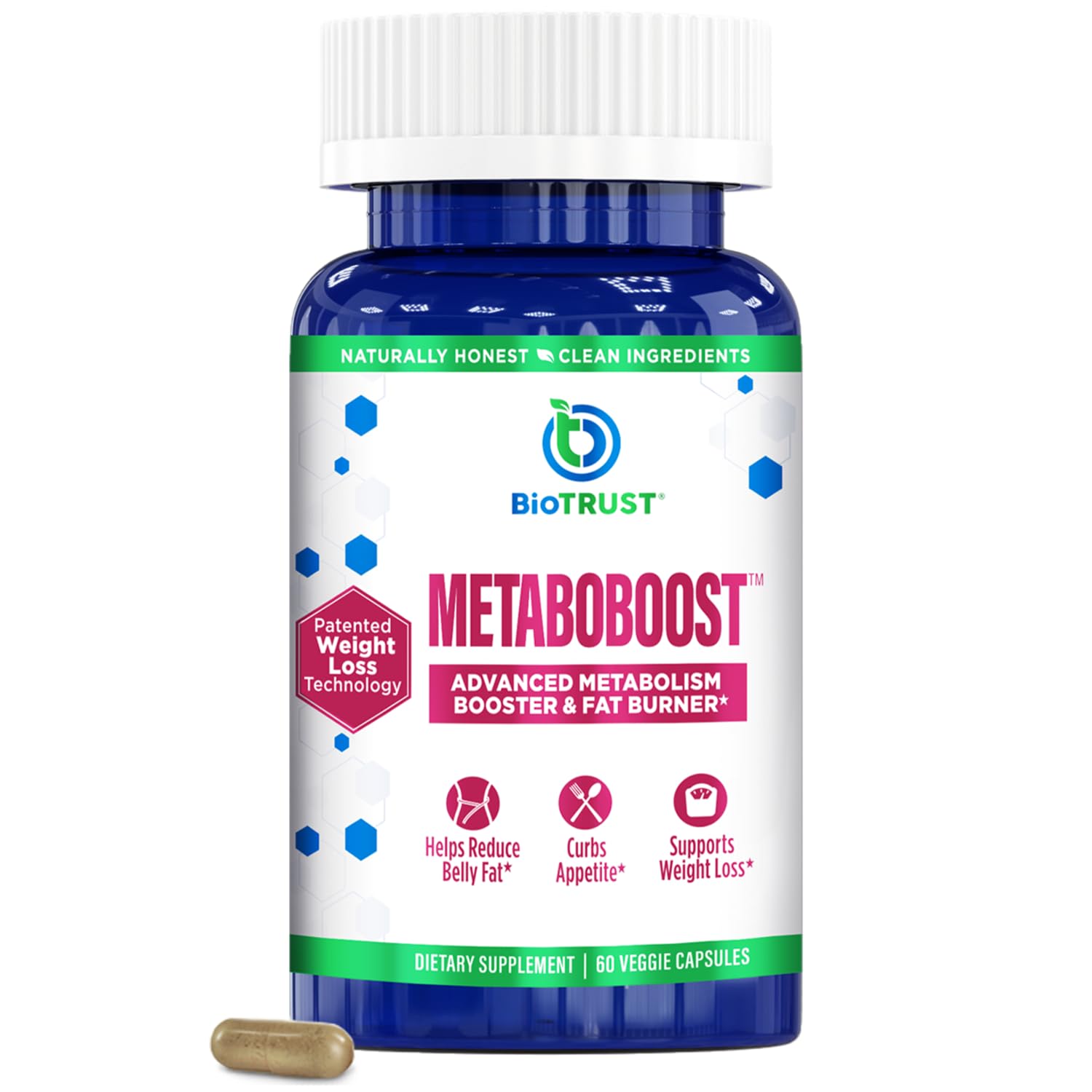BioTrust MetaboBoost bottle-front view for easy daily use.