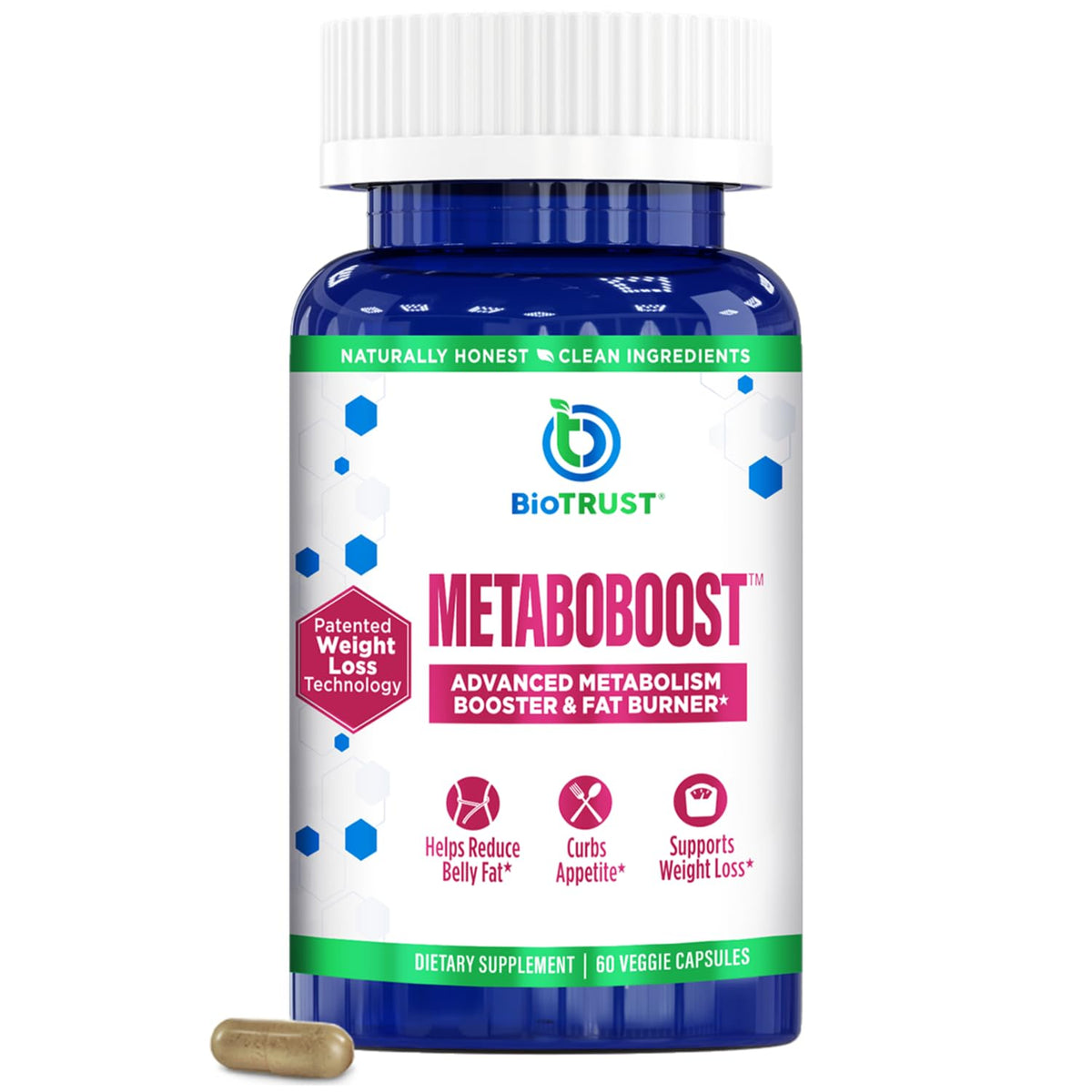 BioTrust MetaboBoost bottle-front view for easy daily use.