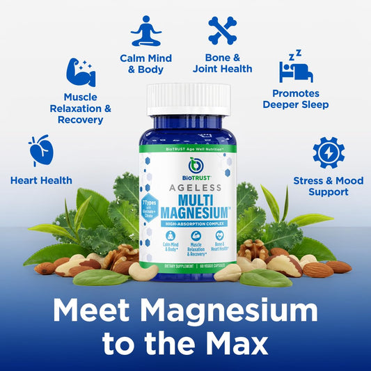 BioTrust capsules closeup showing seven-form magnesium for daily wellness.