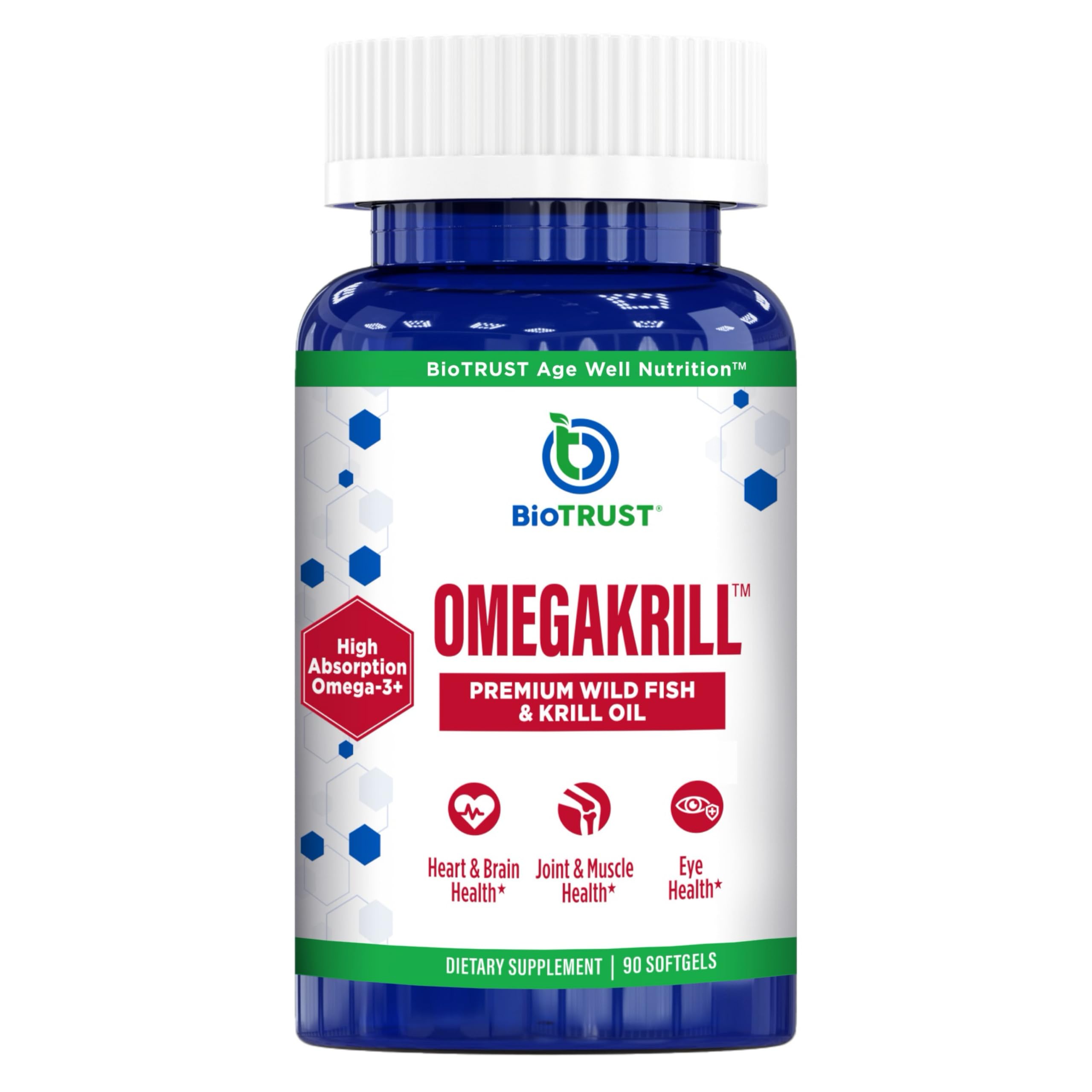 BioTrust OmegaKrill bottle front showing clean, pure oils for daily omega support.