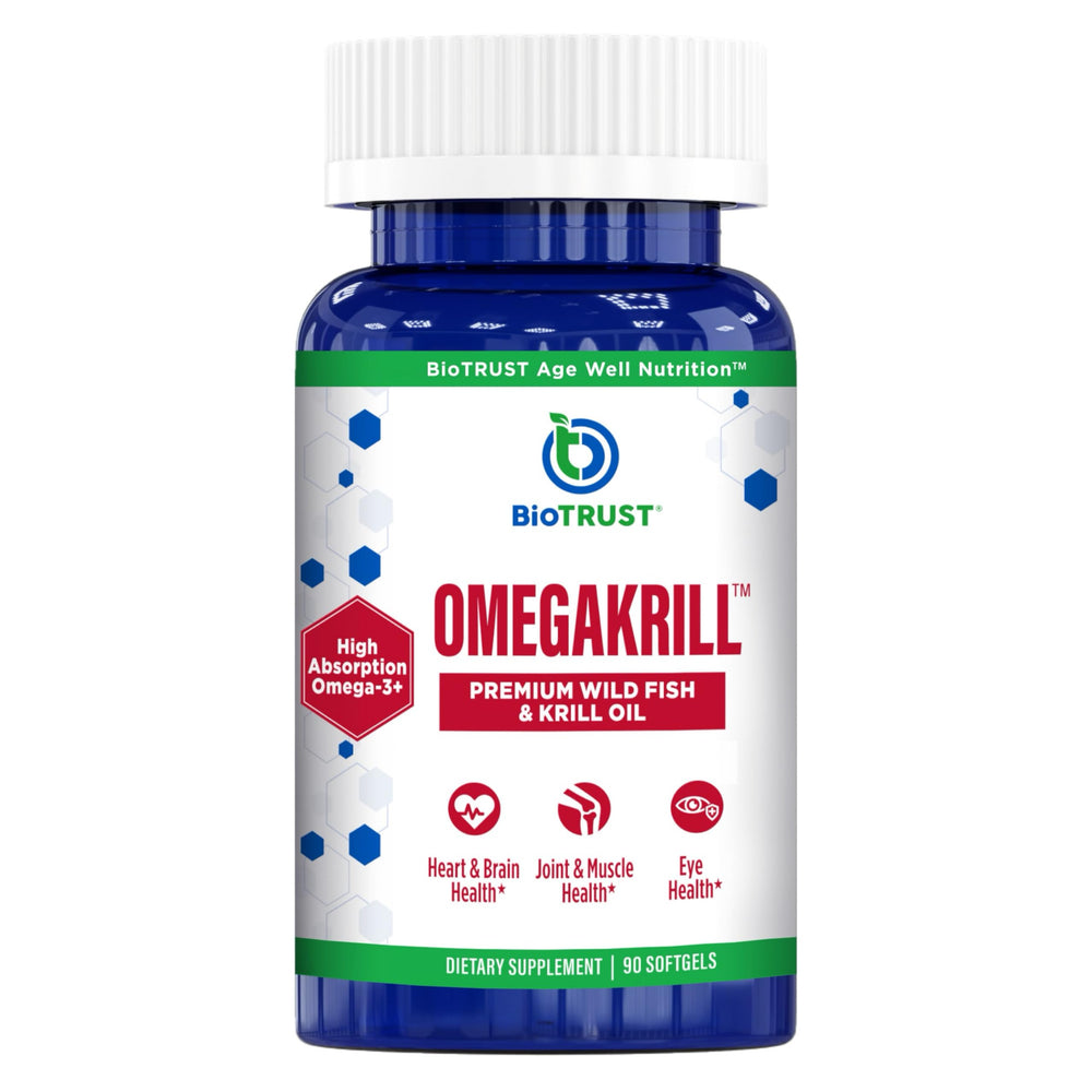 BioTrust OmegaKrill bottle front showing clean, pure oils for daily omega support.