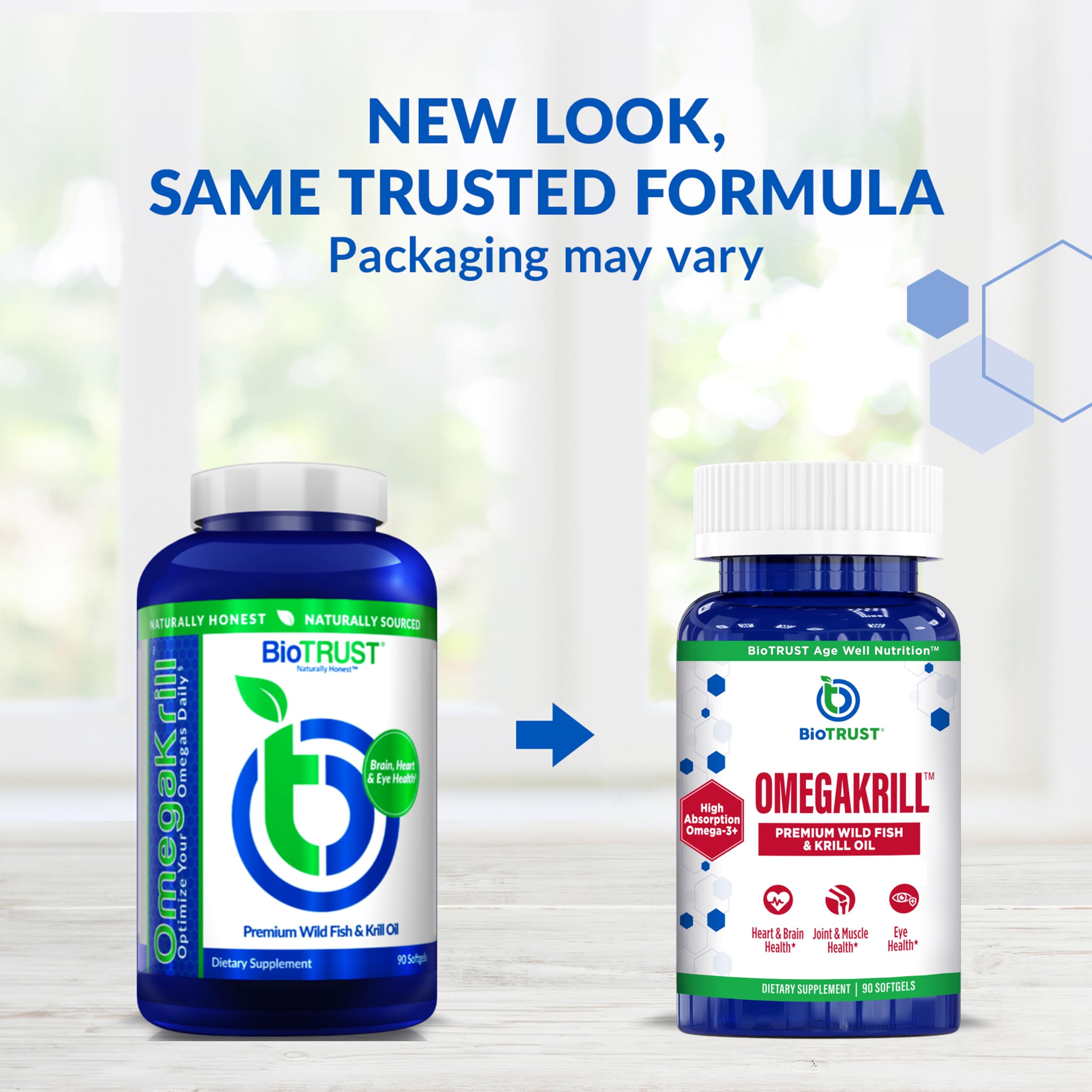 BioTrust OmegaKrill softgels closeup highlighting DHA-rich formula for joint and eye health.