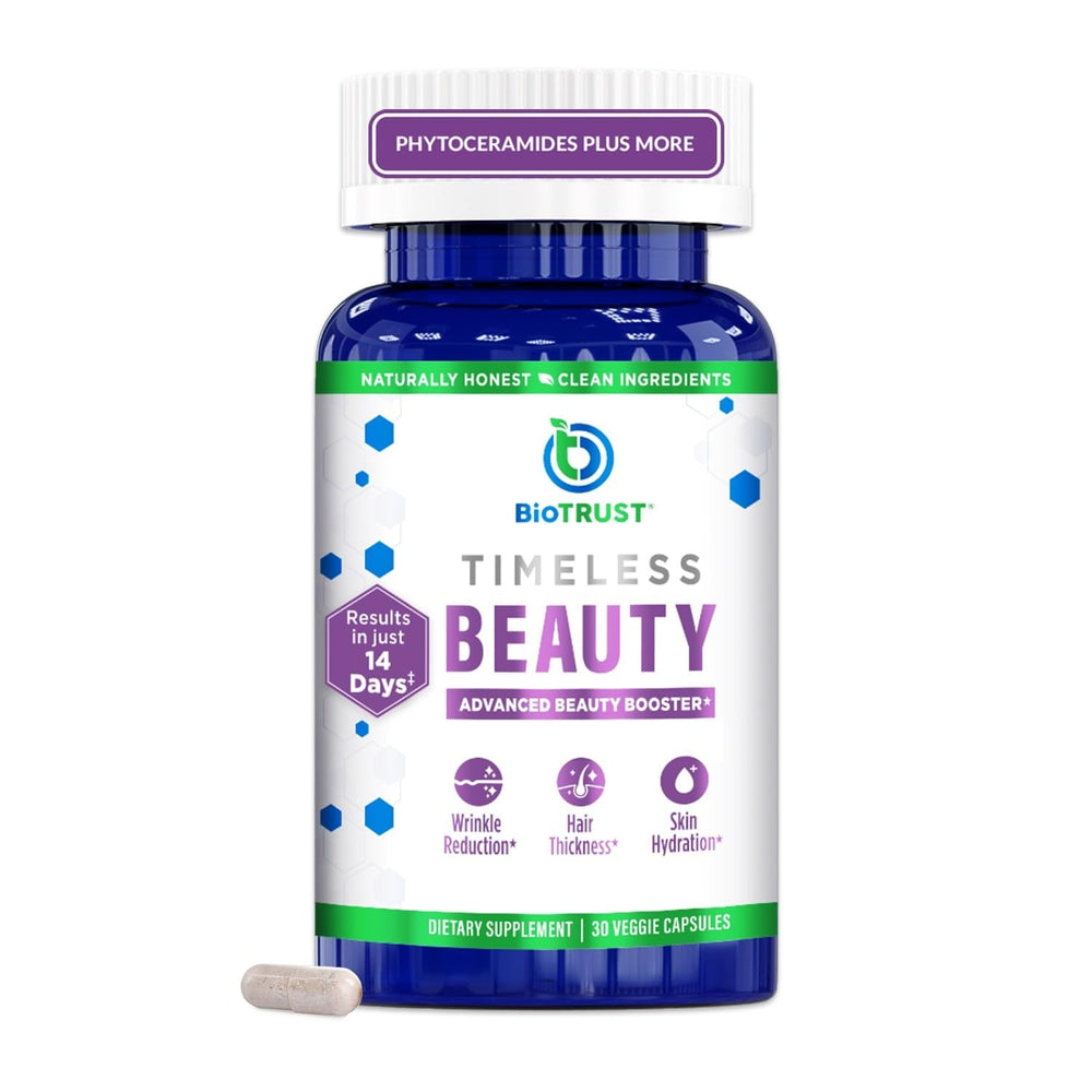 BioTrust Timeless Beauty Ceramide Booster bottle highlighting ingredients for daily skin and hair care.