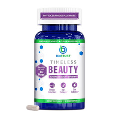 BioTrust Timeless Beauty Ceramide Booster bottle highlighting ingredients for daily skin and hair care.