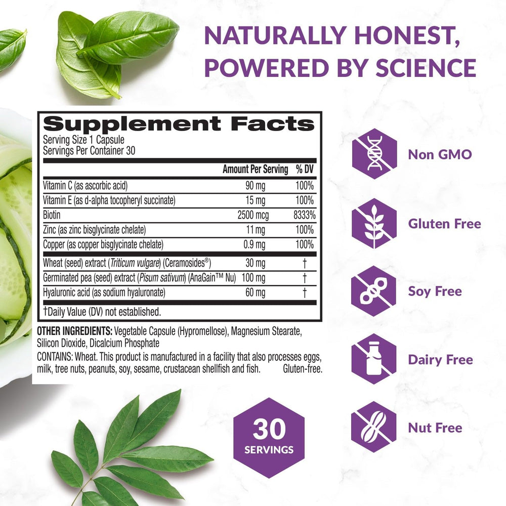 BioTrust Timeless Beauty ceramide pills next to healthy hair and nails imagery.
