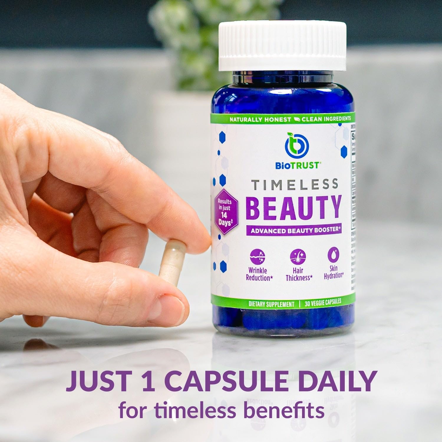 BioTrust Timeless Beauty label design showcasing product benefits and usage guidance.