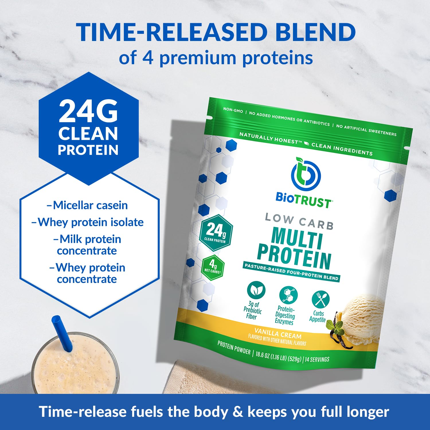 BioTrust shake bottle with whey-casein blend showing creamy protein experience.