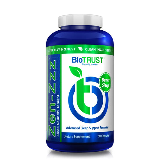 BioTRUST Zen-Zzz bottle front view, signaling non-habit forming sleep support.