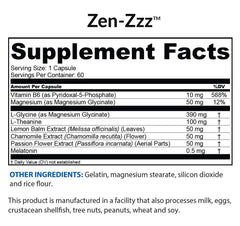 BioTRUST Zen-Zzz bottle label close-up with ingredients list and GMP quality note.