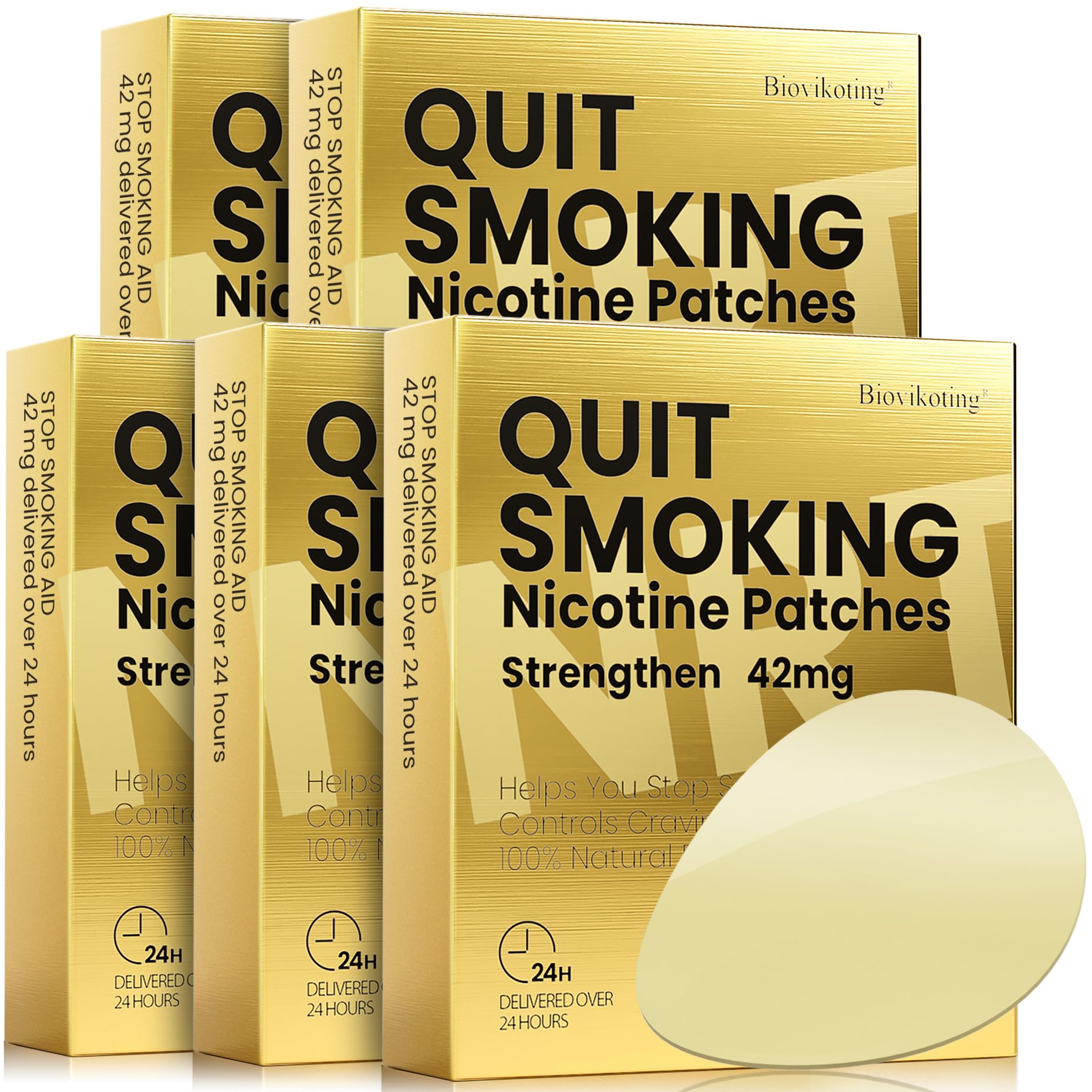Biovikoting quit-smoking patch 42mg pack close-up showing compact design for day-long use