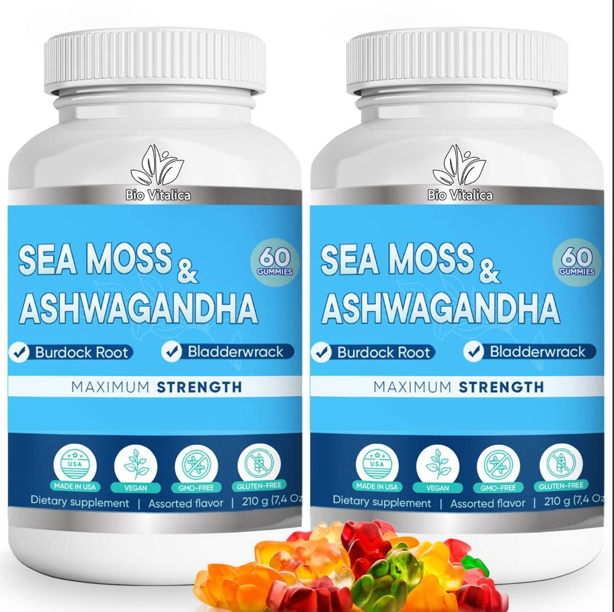 Bio Vitalica Sea Moss Ashwagandha Gummies bottle showcasing convenient daily energy support