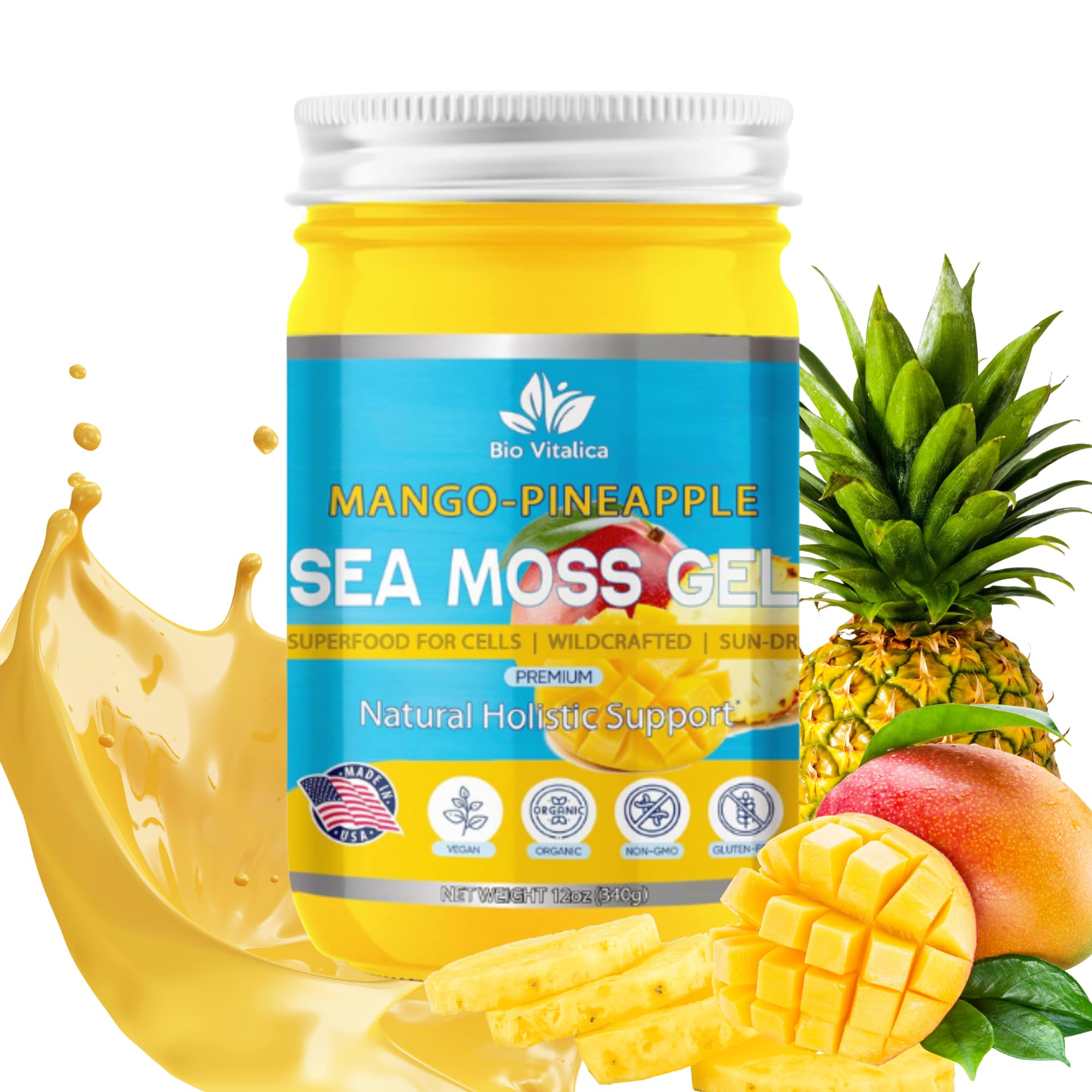 BioVitalica Sea Moss Gel Mango-Pineapple jar for daily nutrient boost.