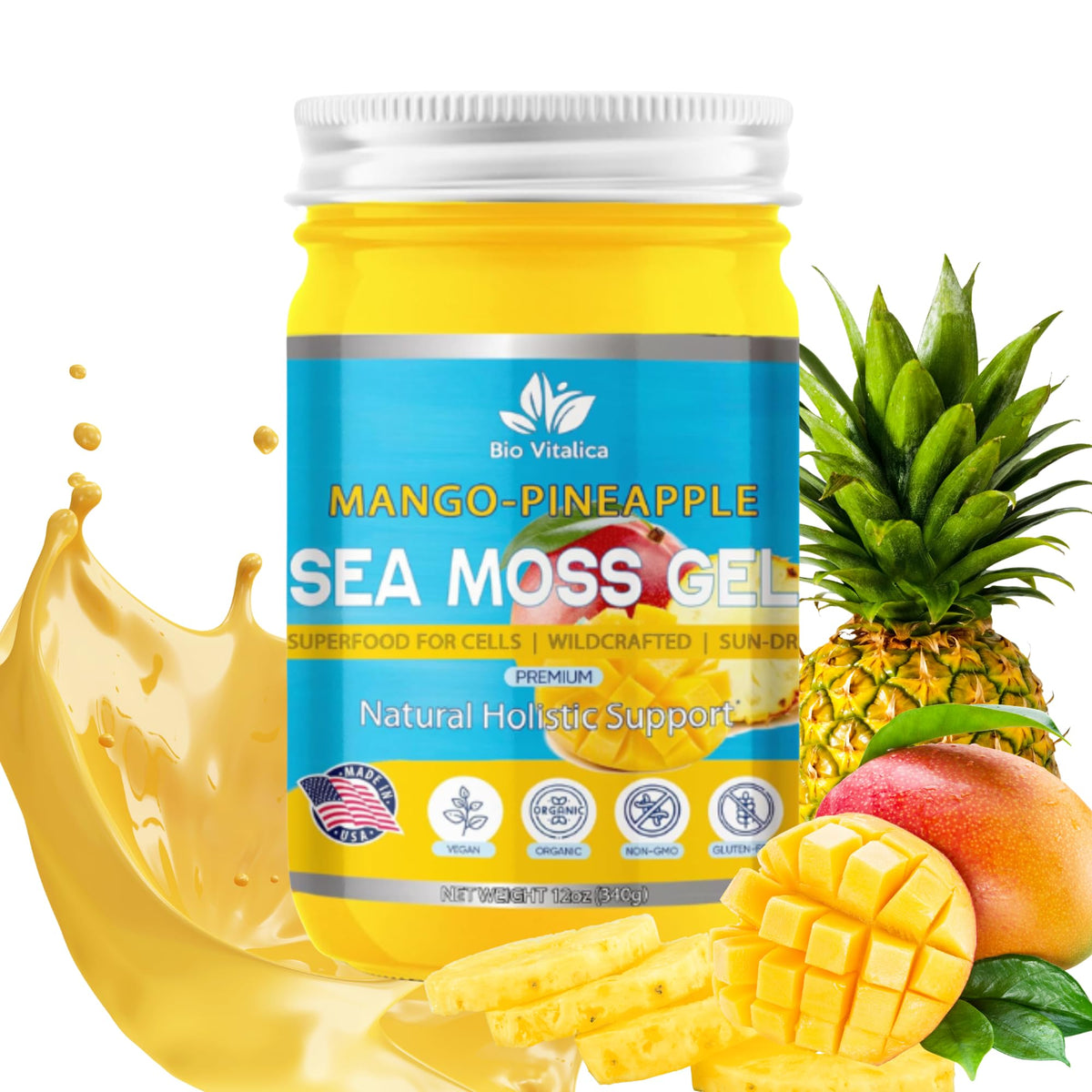 BioVitalica Sea Moss Gel Mango-Pineapple jar for daily nutrient boost.
