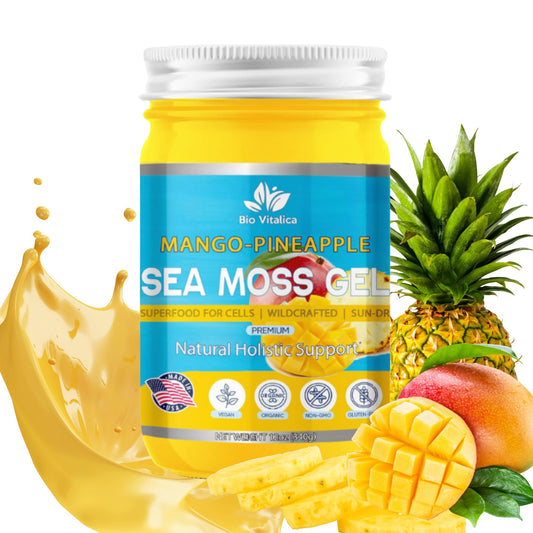 BioVitalica Sea Moss Gel Mango-Pineapple jar for daily nutrient boost.