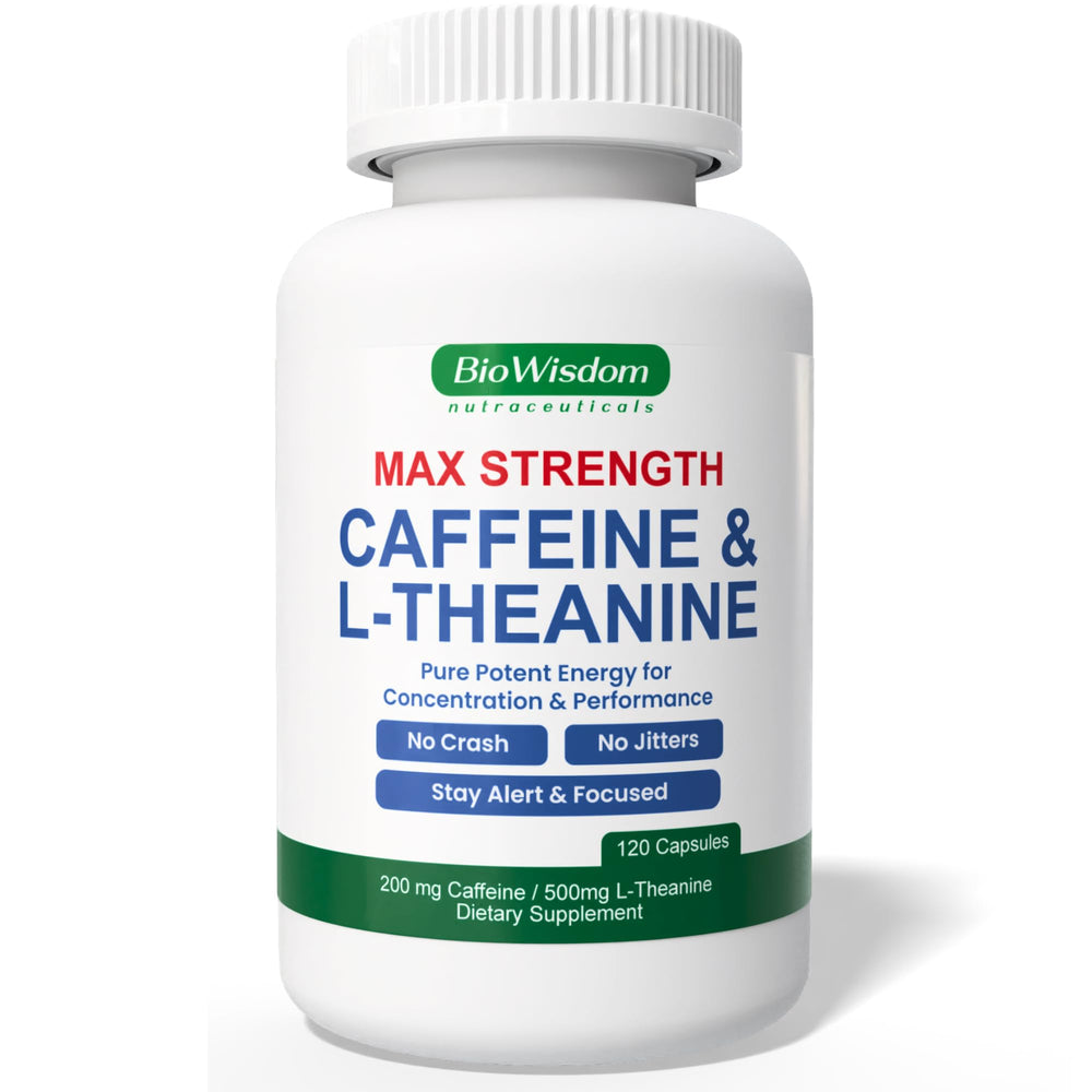 BioWisdom Max Strength caffeine L-Theanine pills bottle front shows the label for focused energy.